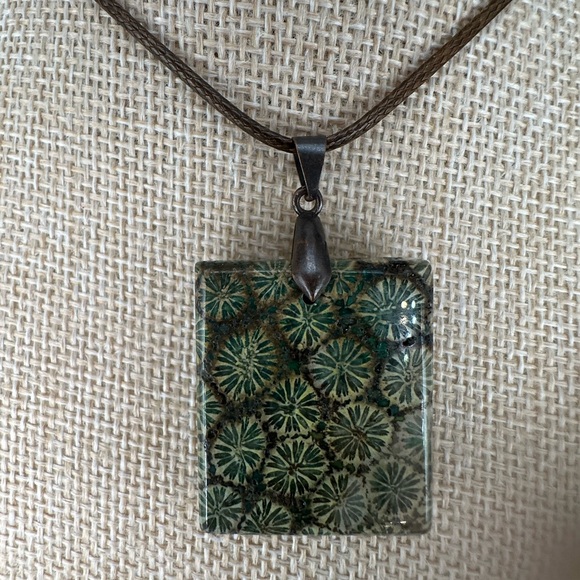 Green and Brown Coral Fossil Square Pendant Necklace on Brown Rope - Picture 6 of 12